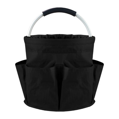 Black Foldable Oxford Cloth Round Picnic Basket with Padded Metal Handle - 6 Pocket Large Capacity Storage Tote for Outdoor Beach and Shopping
