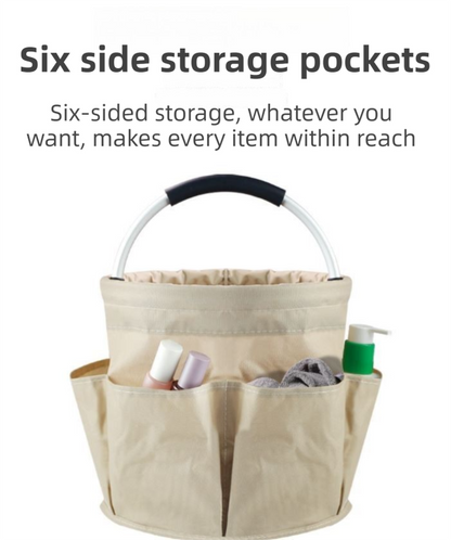 Khaki Foldable Oxford Cloth Round Picnic Basket with Padded Metal Handle - 6 Pocket Large Capacity Storage Tote for Outdoor Beach and Shopping - Image 3