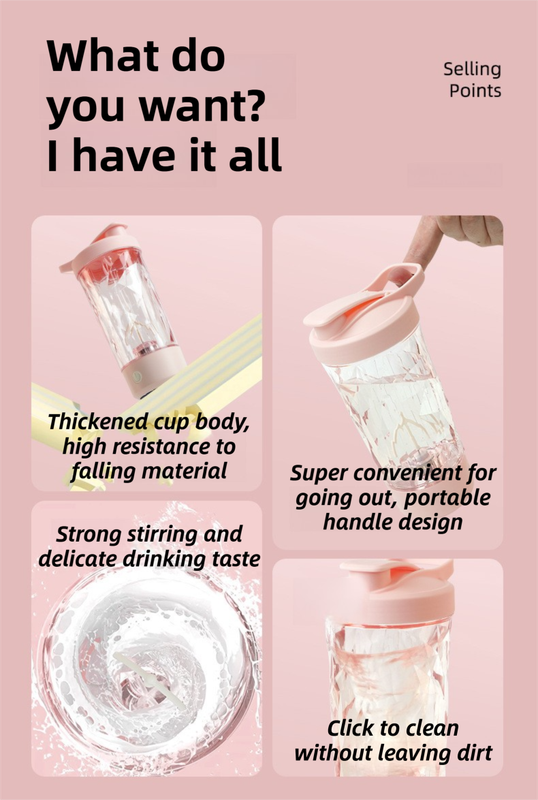 500ML Pink Portable Diamond Electric Shaker - Strong Vortex Stirring, Dual Temperature Endurance & Self-Cleaning for Protein Powder Coffee - Image 6