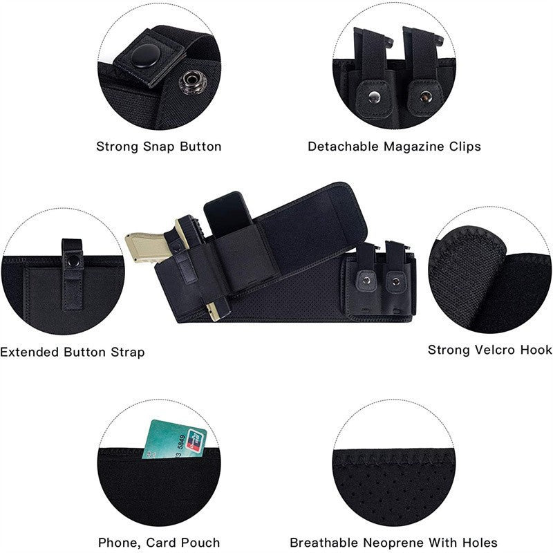 Black Multi-Functional Concealed Tactical Belly Band with Muti-Pouch and Holster - 48 inch Breathable Carry Belt for Outdoor Camping - Image 3