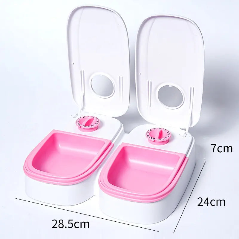 Pink Silent Automatic Pet Double Meal Dispenser with Rotary Buckle - Longest 48H Scheduled and Long Battery Life, Detachable for Easy Cleaning