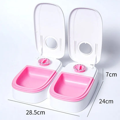 Pink Silent Automatic Pet Double Meal Dispenser with Rotary Buckle - Longest 48H Scheduled and Long Battery Life, Detachable for Easy Cleaning