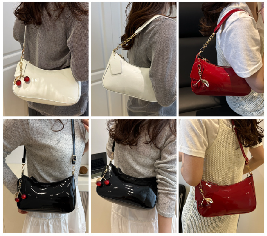 White Chic Glossy PU Leather Underarm Bag & Crossbody Purse with Cherry Charm - Versatile Handbag for Women - Image 4