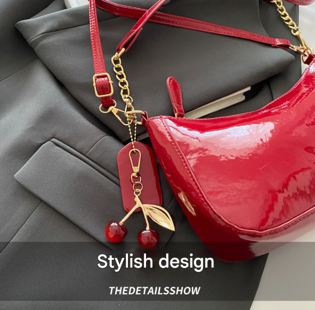 Red Chic Glossy PU Leather Underarm Bag & Crossbody Purse with Cherry Charm - Versatile Handbag for Women - Image 2