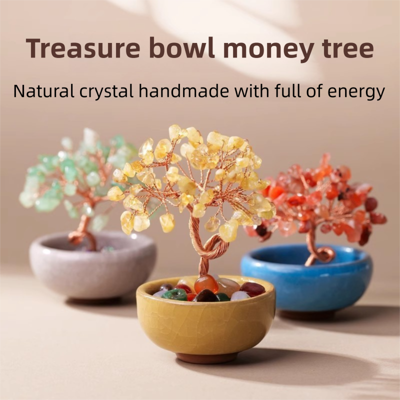 Natural Green Crystal Money Tree with Agate Basin & Adjustable Wire Branches - Desktop Feng Shui Decor for Wealth and Prosperity - Image 2