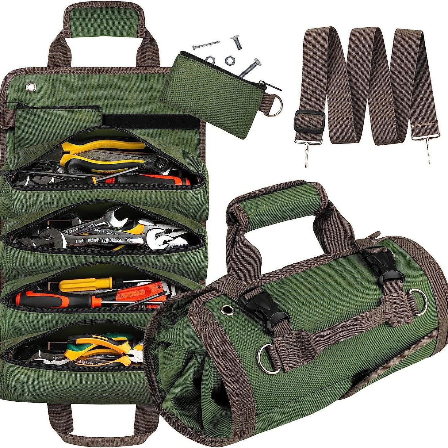 Khaki Heavy-Duty Oxford Cloth Roll-Up Tool Organizer - Detachable Multi-Purpose Utility Bag for Mechanics, Electricians & Outdoors - Image 2