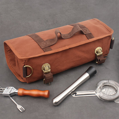 Brown Professional Bartender Kit Travel Bag - Durable Canvas Tool Organizer and Bar Briefcase with Metal Buckles (45x35cm) - Image 3