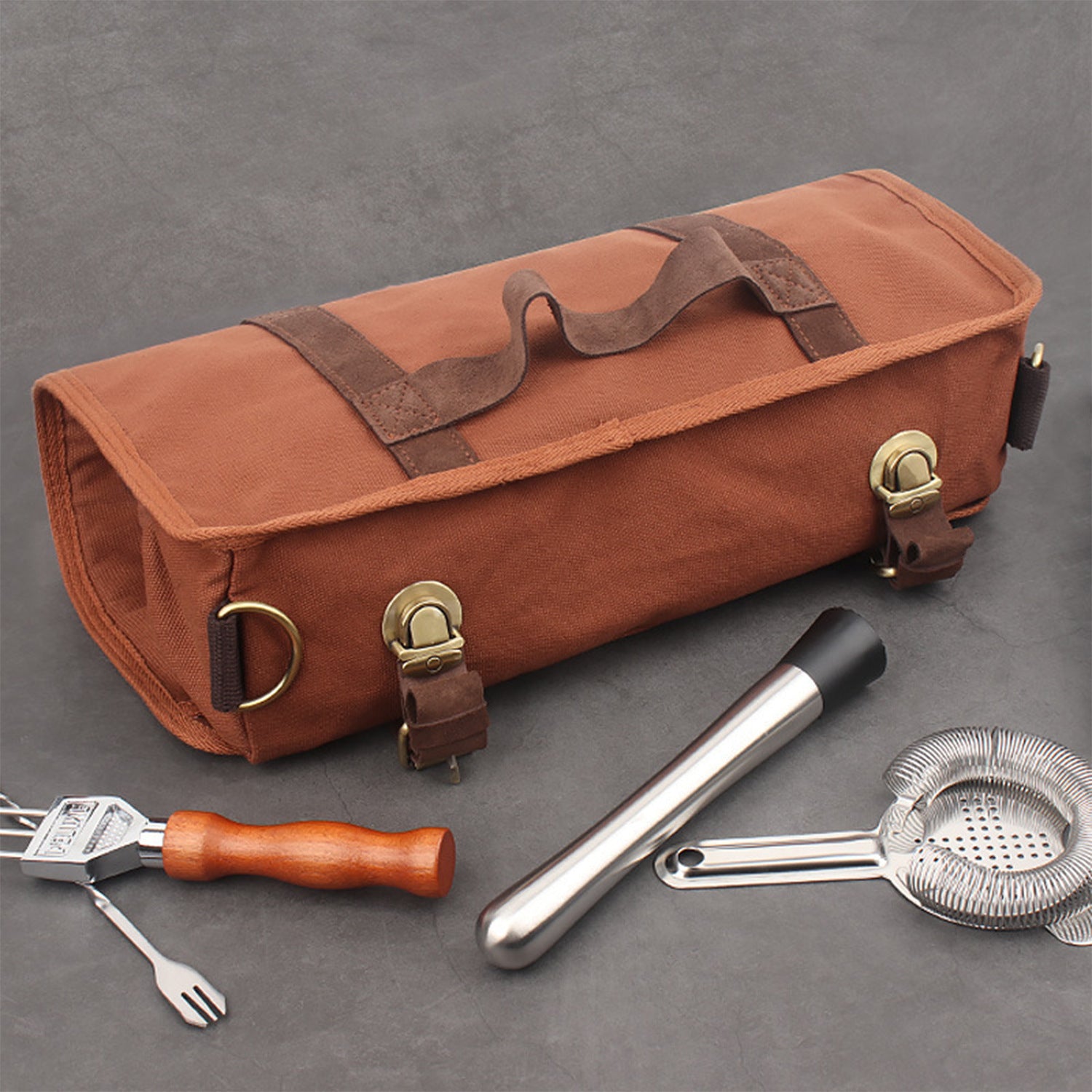 Blue Professional Bartender Kit Travel Bag - Durable Canvas Tool Organizer and Bar Briefcase with Metal Buckles (45x35cm) - Image 4