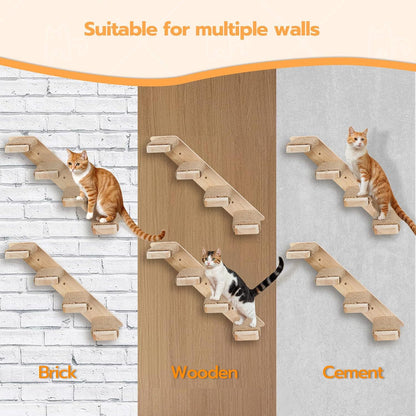 3-Tier Solid Wood Wall-Mounted Cat Climbing Ladder - Vertical Jumping Steps for Indoor Cats with Installation Kit - Image 2