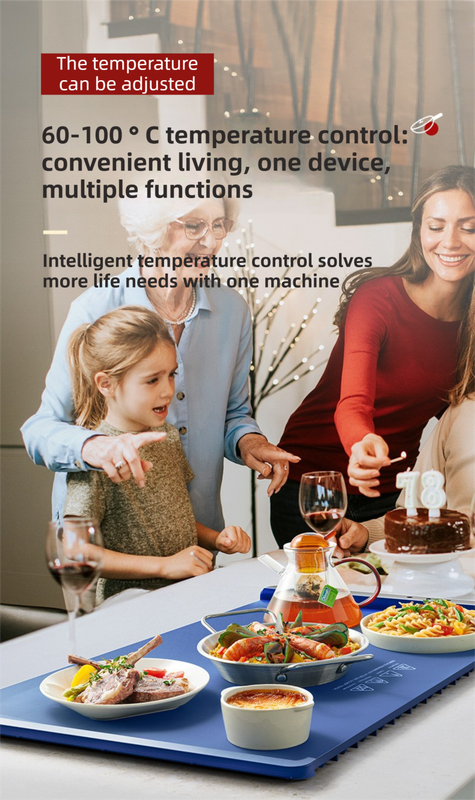 Blue 65x38CM Roll-Up Food Warming Silicone Mat with Precise Temprature Control & 240W High Power - Waterproof and Oilproof Thermal Table Pad - Image 3