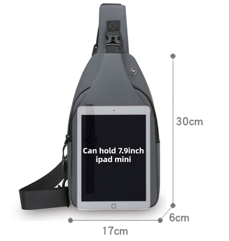 Grey Waterproof Unisex Chest Bag with USB Charging & Headphone Port  - 3-Layer Large Capacity PU Leather Crossbody Bag - Image 4