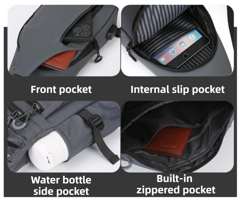 Black Waterproof Unisex Chest Bag with USB Charging & Headphone Port  - 3-Layer Large Capacity PU Leather Crossbody Bag - Image 2