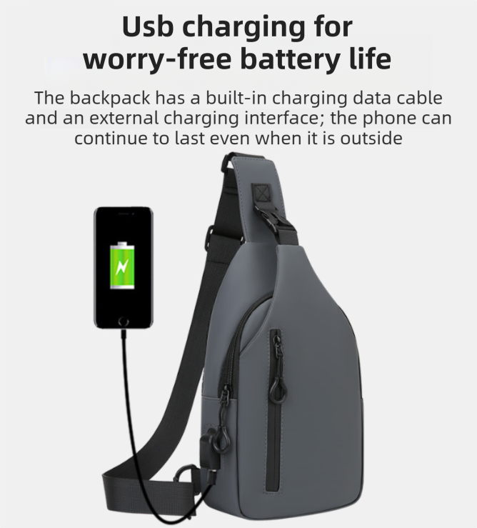 Black Waterproof Unisex Chest Bag with USB Charging & Headphone Port  - 3-Layer Large Capacity PU Leather Crossbody Bag - Image 3