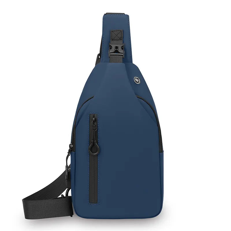 Blue Waterproof Unisex Chest Bag with USB Charging & Headphone Port  - 3-Layer Large Capacity PU Leather Crossbody Bag