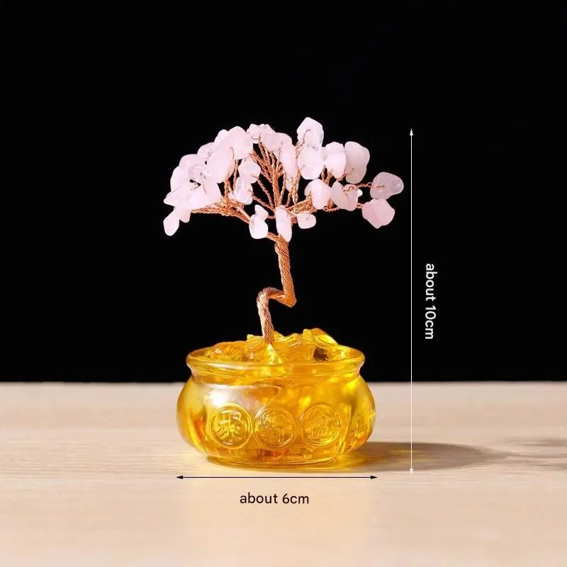 Natural Pink Crystal Money Tree with Fortune Basin & Adjustable Wire Branches - Desktop Feng Shui Decor for Wealth and Prosperity