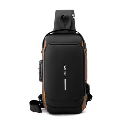 Black-Gold High Capacity Anti-Theft Tactical Chest Bag - Waterproof Leather-Film Sling with USB Charging & TSA Password Lock