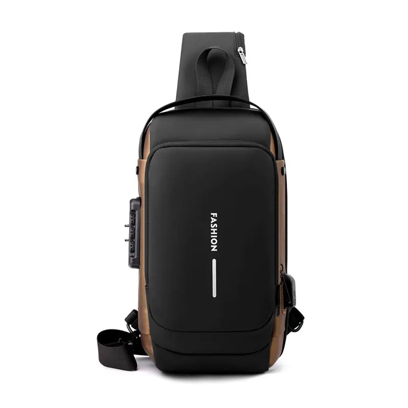 Black-Gold High Capacity Anti-Theft Tactical Chest Bag - Waterproof Leather-Film Sling with USB Charging & TSA Password Lock