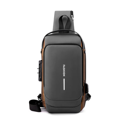 Grey Gold High Capacity Anti-Theft Tactical Chest Bag - Waterproof Leather-Film Sling with USB Charging & TSA Password Lock