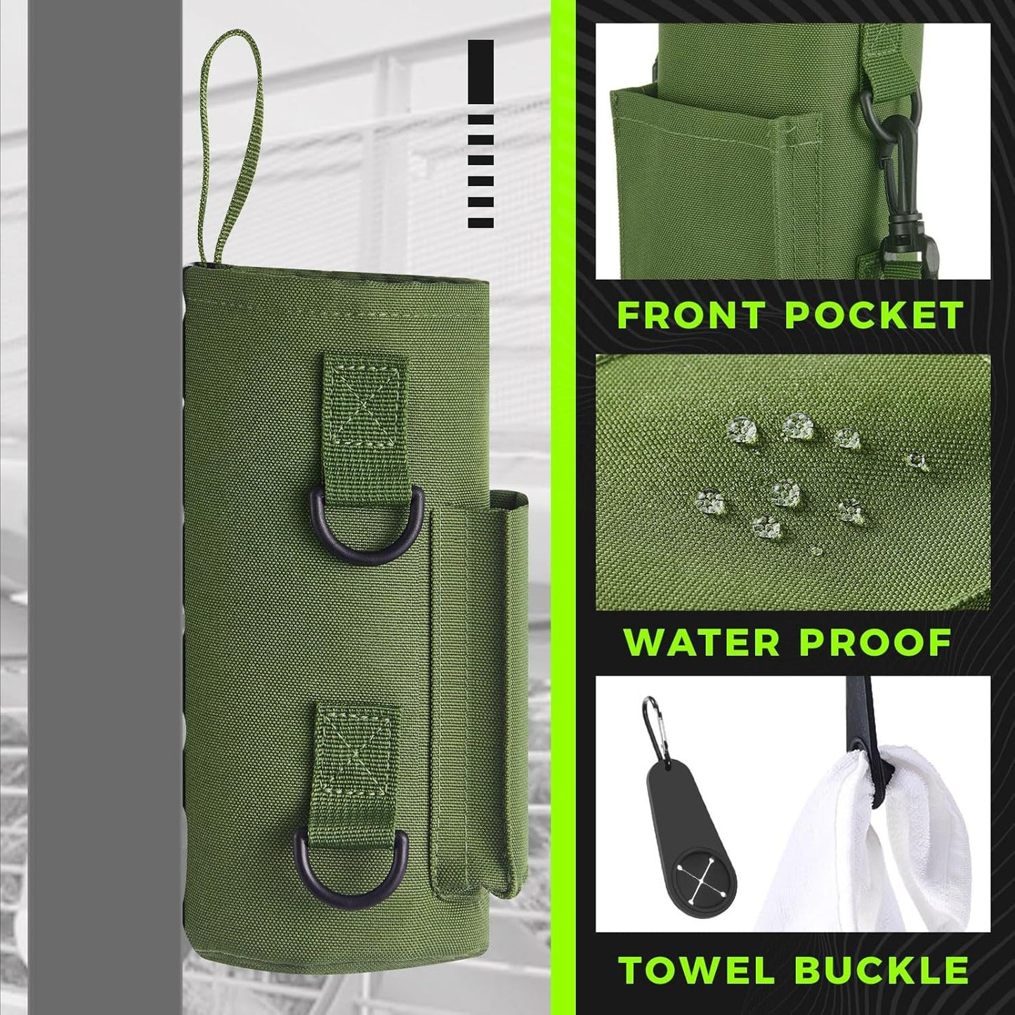 Green Magnetic Gym Water Bottle Pouch & Towel Clip with 6 High-Strength Magnets and Adjustable Strap - Fits 18oz to 40oz - Image 2