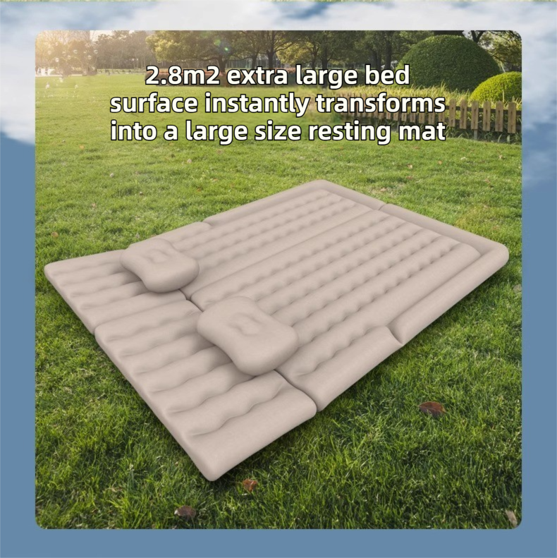 Beige Multi-Chamber Car Inflatable Air Mattress with Electric Pump, Storage Bag & Pillows for Universal Trunk Sleeping and Camping (174 x 126 CM) - Image 3