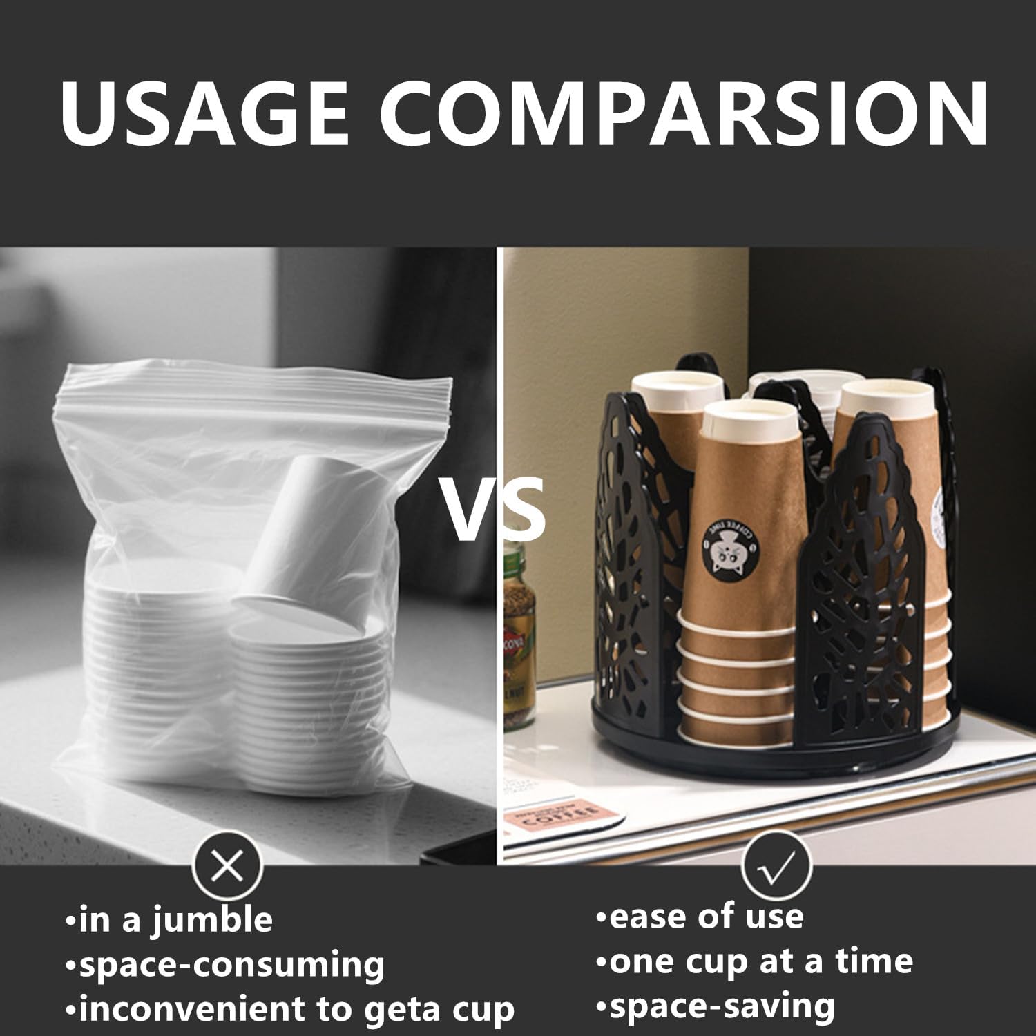 Black 360°Rotating Multi-Scenario Countertop Storage Rack - Large Capacity 4 Compartment Holder for Coffee & Tea Cups - Image 4