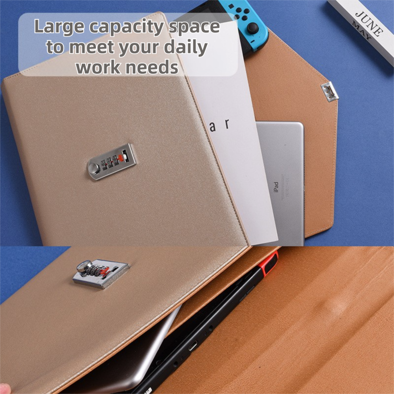 Champagne Anti-Theft Document Organizer with Secure Password Lock - Waterproof PU Leather Confidential File Bag - Image 3
