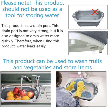3-in-1 Grey Collapsible Cutting Board & Drain Basin & Storage Tub - Portable Multifunctional Food Grade Storage Basket(37x27x12cm) - Image 3