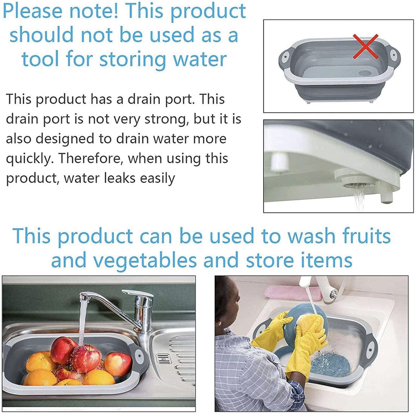 3-in-1 Green Collapsible Cutting Board & Drain Basin & Storage Tub - Portable Multifunctional Food Grade Storage Basket(37x27x12cm) - Image 4