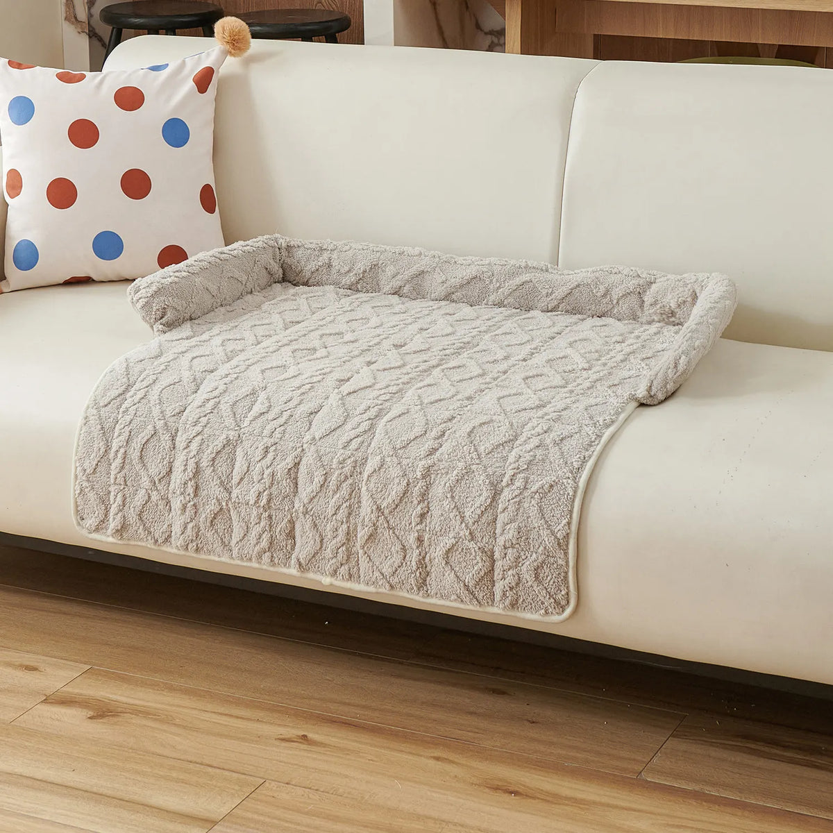 Light Grey Pet Sofa Protector & Calming Bolster Bed with Cable Knit - 75x75CM Thickened Non Slip Furniture Cover for Cats & Dogs