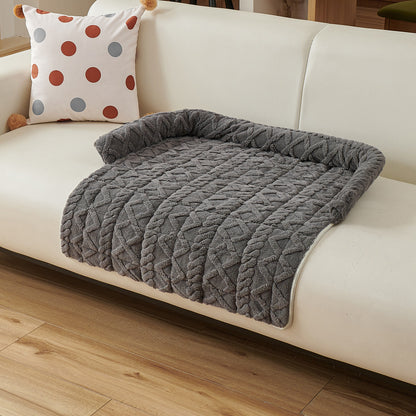Dark Grey Pet Sofa Protector & Calming Bolster Bed with Cable Knit - 75x75CM Thickened Non Slip Furniture Cover for Cats & Dogs