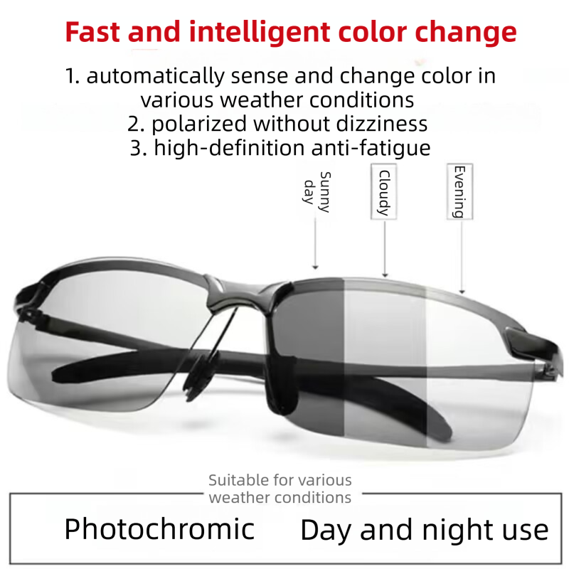 Black Photochromic HD Sunglass with Anti-Glare/Fatigue Polarization & Impact Resistant Alloy Frame for Day & Night Dual Use - Image 2