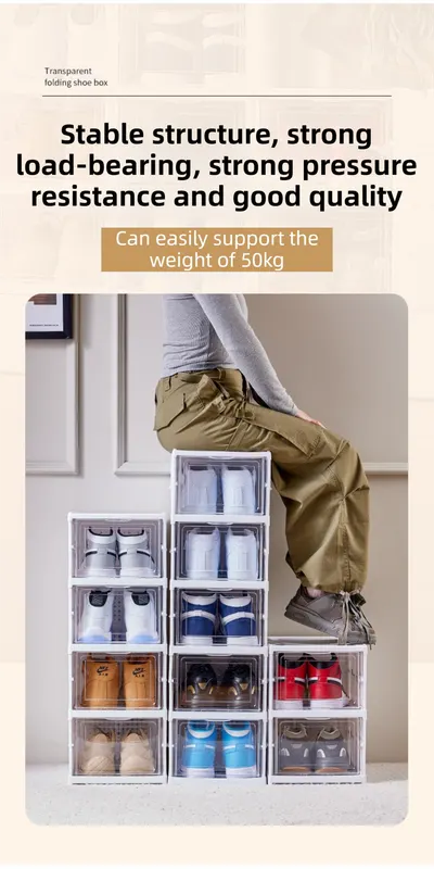 White 3-Layer Foldable Shoe Storage Tower with Transparent Display Panel & Back Ventilation - One-Pull Instant Setup Stackable Box (25.5x34.5x52.5CM) - Image 6