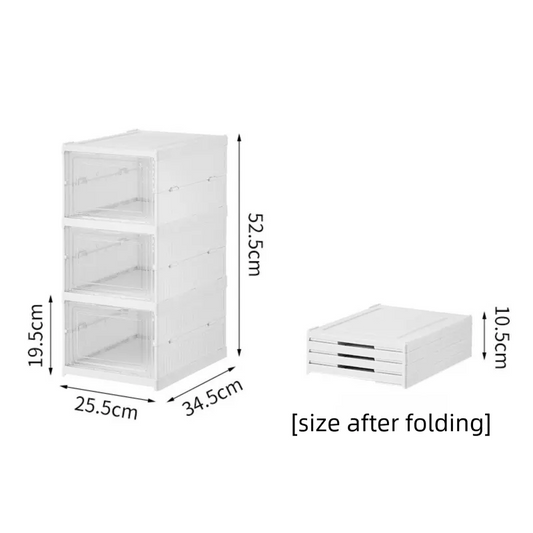 Transparent Grey 3-Layer Foldable Shoe Storage Tower with Transparent Display Panel & Back Ventilation - One-Pull Instant Setup Stackable Box (25.5x34.5x52.5CM) - Image 2