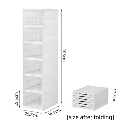 Transparent Grey 6-Layer Foldable Shoe Storage Tower with Transparent Display Panel & Back Ventilation - One-Pull Instant Setup Stackable Box (25.5x34.5x105CM) - Image 4