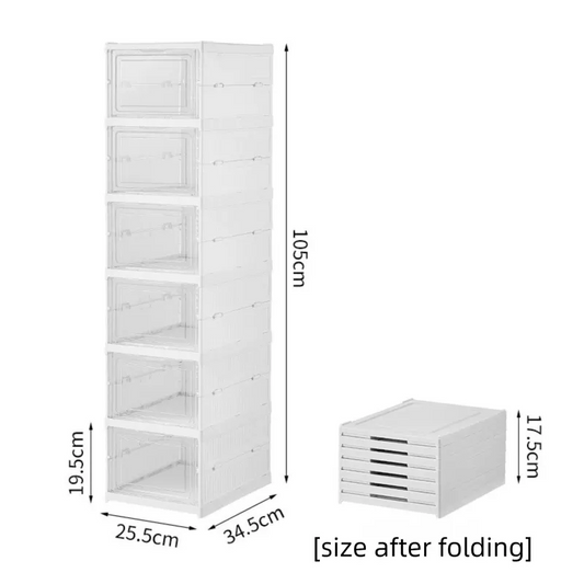 Transparent Grey 6-Layer Foldable Shoe Storage Tower with Transparent Display Panel & Back Ventilation - One-Pull Instant Setup Stackable Box (25.5x34.5x105CM) - Image 4