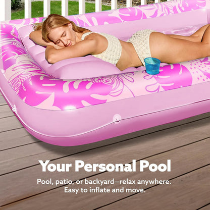 180x118CM Pink Deluxe Inflatable Suntan Tub & Floating Pool Lounger with Dual Integrated Cup Holders and Pillow - Portable Sunbathing Pool for Lawn & Water - Image 4