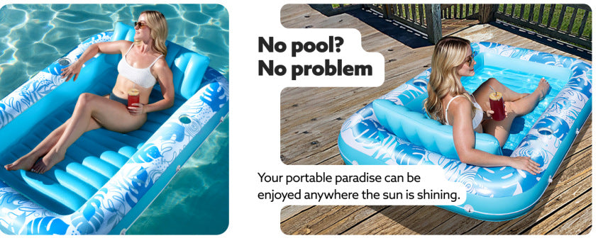 180x118CM Blue Deluxe Inflatable Suntan Tub & Floating Pool Lounger with Dual Integrated Cup Holders and Pillow - Portable Sunbathing Pool for Lawn & Water - Image 3