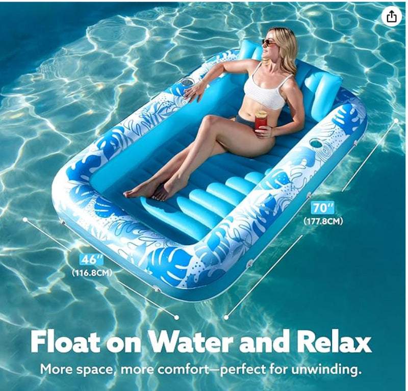 180x118CM Pink Transparent Inflatable Suntan Tub & Floating Pool Lounger with Dual Integrated Cup Holders and Pillow - Portable Sunbathing Pool for Lawn & Water - Image 2
