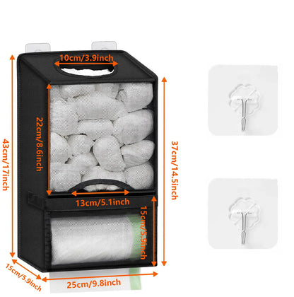 2-in-1 Black Kitchen Plastic Bag & Trash Bag Roll Dispenser - Hanging Grocery & Produce Bag Organizer (17.5x9.9x5.8 inch)
