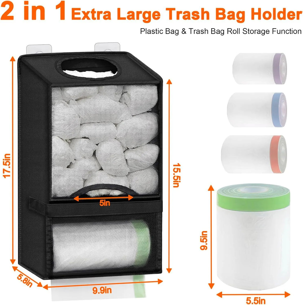 2-in-1 Black Kitchen Plastic Bag & Trash Bag Roll Dispenser - Hanging Grocery & Produce Bag Organizer (17.5x9.9x5.8 inch) - Image 2