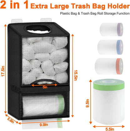 2-in-1 Black Kitchen Plastic Bag & Trash Bag Roll Dispenser - Hanging Grocery & Produce Bag Organizer (17.5x9.9x5.8 inch) - Image 2