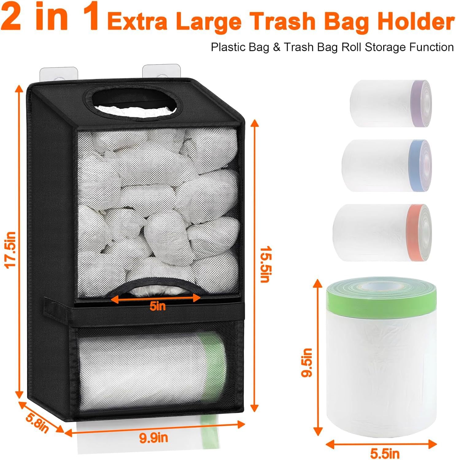 2-in-1 Grey Kitchen Plastic Bag & Trash Bag Roll Dispenser - Hanging Grocery & Produce Bag Organizer (17.5x9.9x5.8 inch) - Image 2