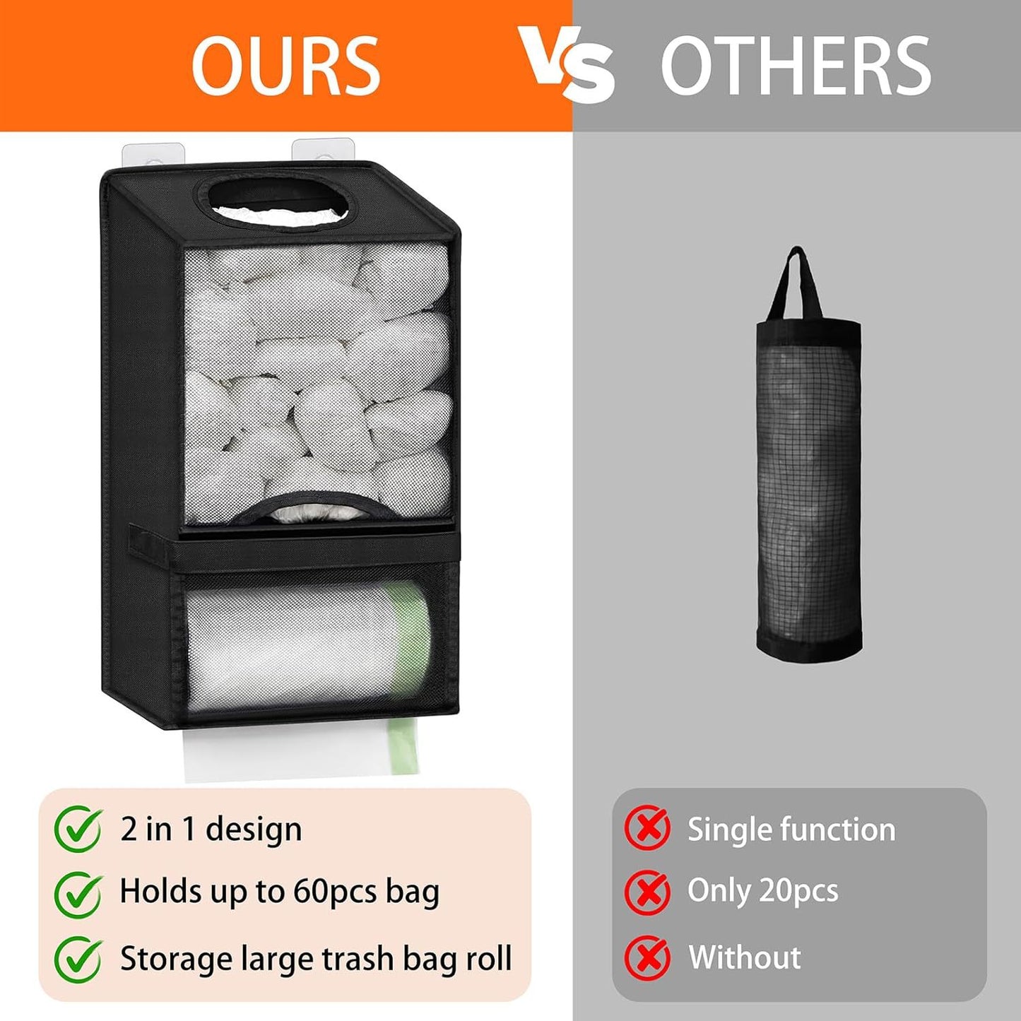 2-in-1 Grey Kitchen Plastic Bag & Trash Bag Roll Dispenser - Hanging Grocery & Produce Bag Organizer (17.5x9.9x5.8 inch) - Image 4