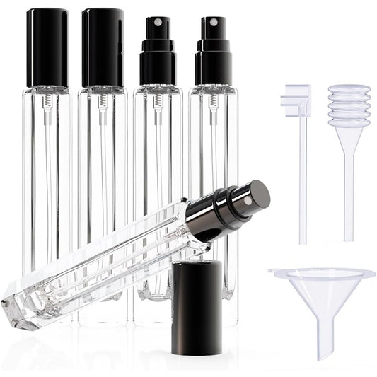 5-Piece Black Premium Glass Travel Perfume Atomizer Set - 10ml Portable Refillable Sprayers with Transfer Tools