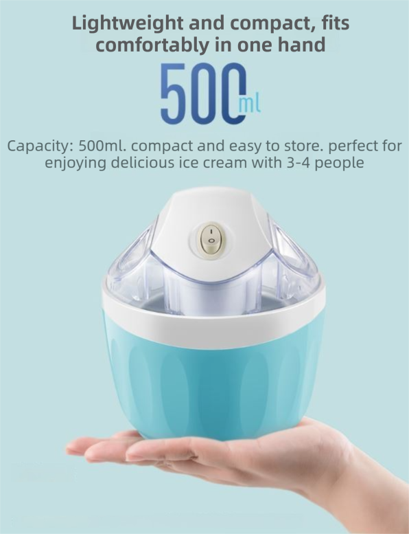 Blue 500ML Compact Electric Ice Cream Maker - Portable Quick Iced Drink Bucket & Soft Serve Machine with Rapid 15-Min Freezing - Image 3
