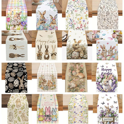 33 x 183 CM Festive Easter Linen Table Runner - Cartoon Bunny Table Runner & Stain-Resistant Primitive Home Decor (Style-1) - Image 2