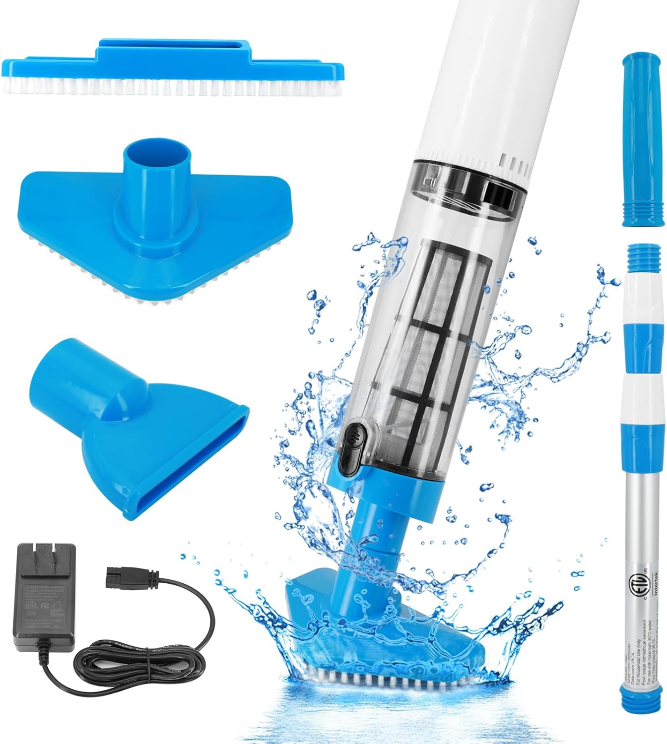 Blue and White Cordless Underwater Pool Vacuum with 3 Cleaning Heads & 164cm Extended Reach - Rechargeable Handheld Spa & Pond Cleaner