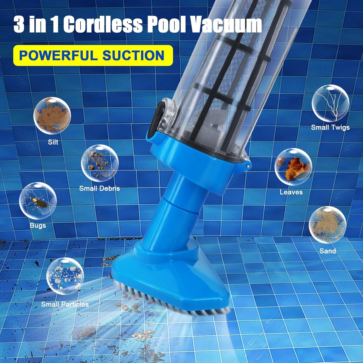 Blue and White Cordless Underwater Pool Vacuum with 3 Cleaning Heads & 164cm Extended Reach - Rechargeable Handheld Spa & Pond Cleaner  - Image 2