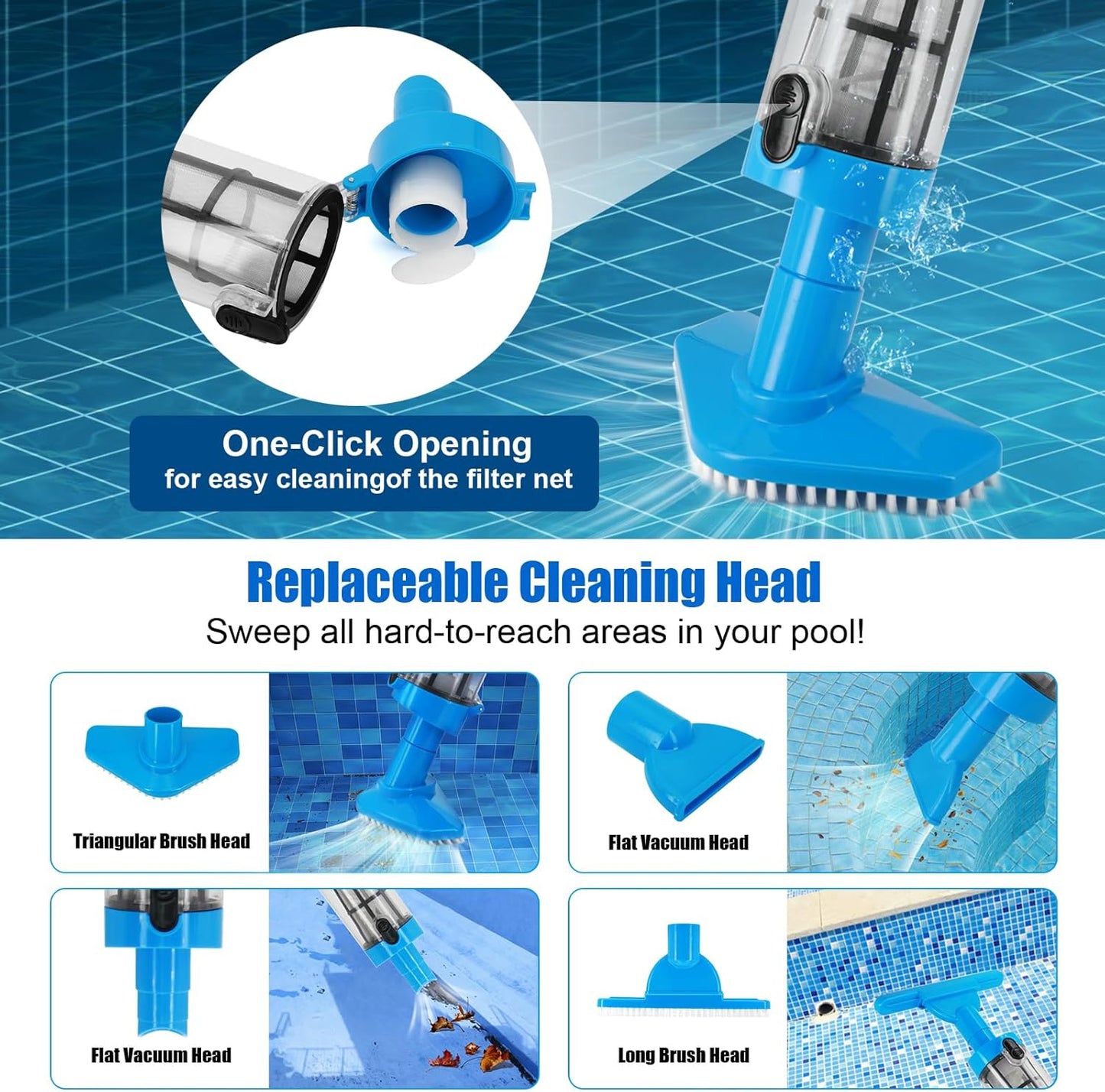 Blue and White Cordless Underwater Pool Vacuum with 3 Cleaning Heads & 164cm Extended Reach - Rechargeable Handheld Spa & Pond Cleaner  - Image 4