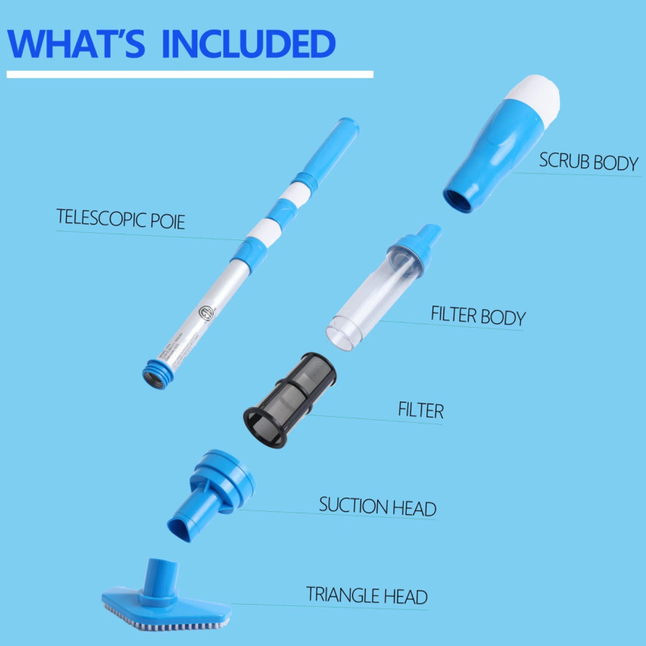 Blue and White Cordless Underwater Pool Vacuum with 3 Cleaning Heads & 164cm Extended Reach - Rechargeable Handheld Spa & Pond Cleaner  - Image 5